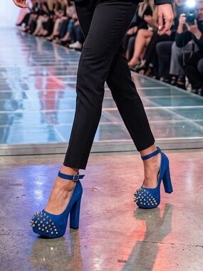 Wild Pair Blue Suede Spike Platform Heels with Ankle Strap